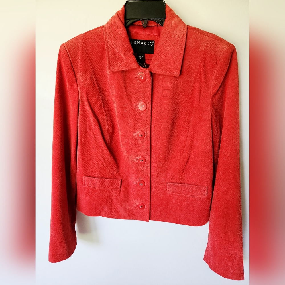 BERNARDO LEATHER JACKET RED SNAKESKIN BUTTON BLAZER‎ WOMENS SIZE MEDIUM GUC